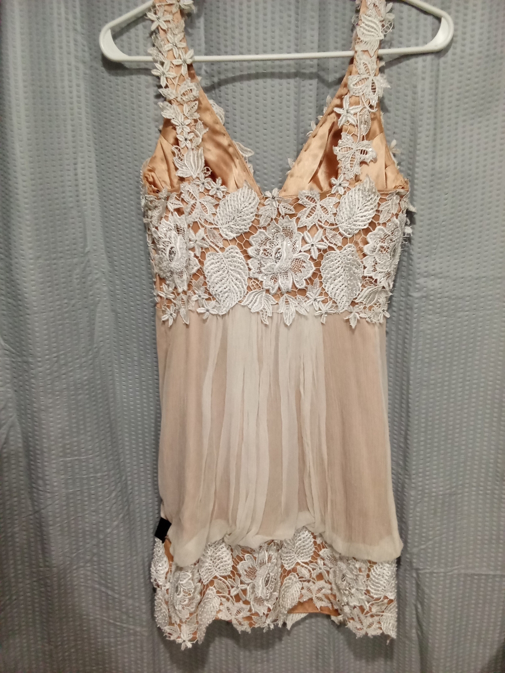 Jovani Peach Slip with Ivory Floral Lace Overlay